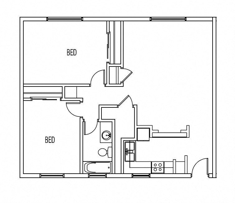 Floor plan for 2 beds, 1 bath, 835 sqft